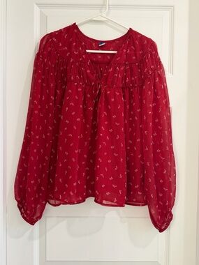 Old Navy Red Floral Tie-Neck Peasant Blouse